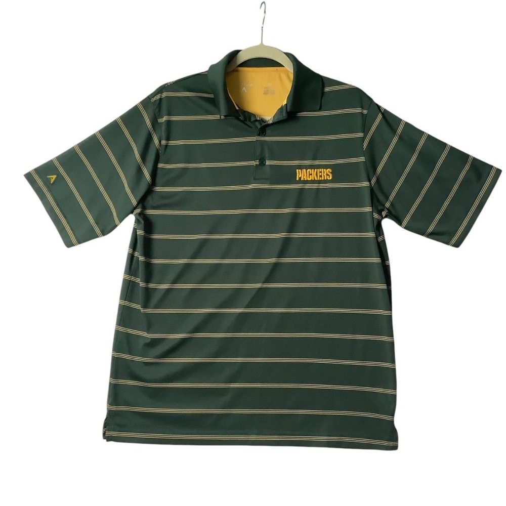 Green Bay Packers NFL Polo Shirt Men Size Medium Antigua Striped Style #100874
